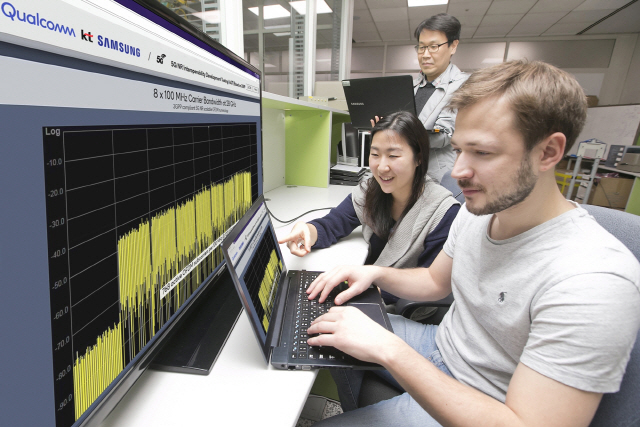 KT와 삼성전자, 퀄컴 직원들이 수원 삼성전자 연구소에서 5G 표준규격 기반으로 데이터 통신을 시연하고 있다./사진제공=KT