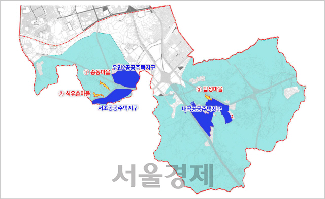 서초구청이 서울시에 개발제한구역 지정 해제를 요구한 양재동 송동마을, 식유촌마을과 내곡동 탑성마을 위치도. /자료=서초구청