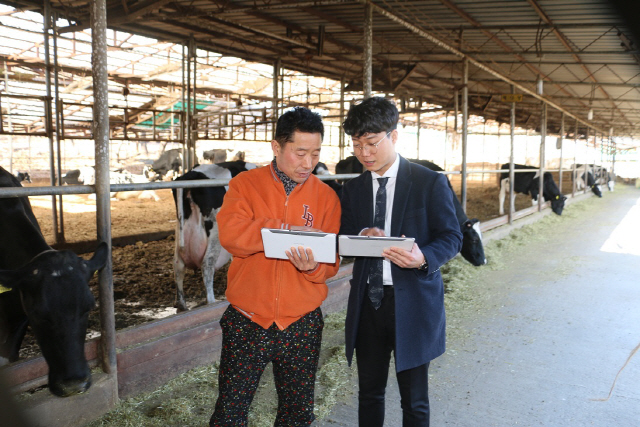 CJ제일제당 생물자원본부 직원이 낙농가를 대상으로 젖소의 건강을 관리하는 ICT 기기 ‘카우톡’ 활용법을 설명하고 있다. /사진제공=CJ제일제당