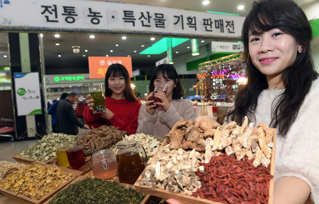 22일 서울 서초구 농협하나로마트 양재점에서 열린 '우리차 모음전'에서 직원들이 피로회복에 좋은 헛개나무, 산수유, 오미자, 결명자 등 우리차를 선보이고 있다./이호재기자.