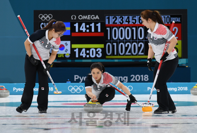 19일 강릉 컬링 센터에서 열린 2018평창동계올림픽 여자 컬링 예선 6차전 스웨덴전에서 한국 대표팀 김경애 선수가 투구를 하고 있다./강릉=권욱기자.