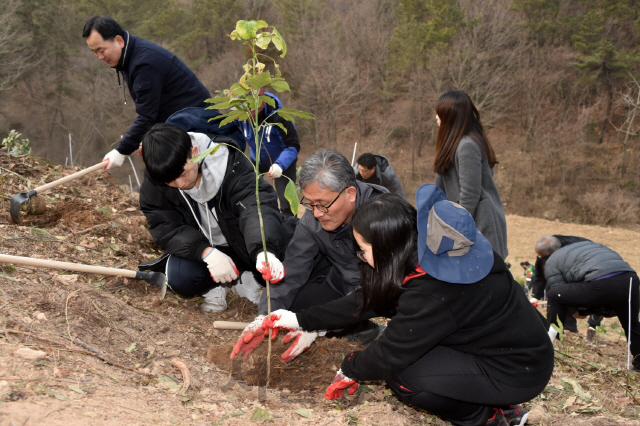 김재현(사진 오른쪽 두번째) 산림청장이 완도에서 학생들과 함께 황칠나무를 심고 있다. 사진제공=산림청