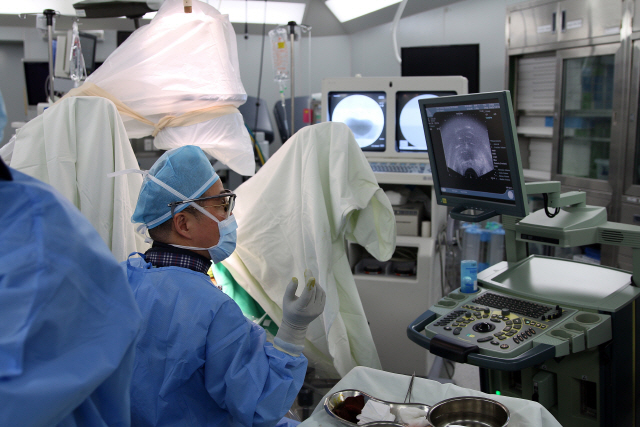 박동수 분당차병원 교수가 초음파 영상을 보면서 전립선암 환자의 암 부위에 ‘방사성동위원소 칩’을 삽입하는 수술을 하고 있다. /사진제공=분당차병원