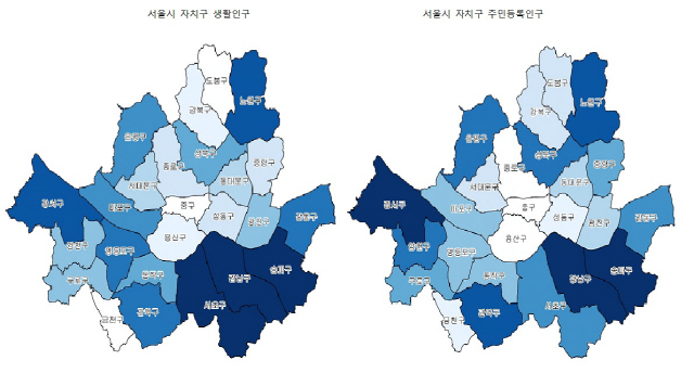 KT와 서울시가 공동개발한 서울 생활인구의 자치구별 인구 밀도 지도. 색깔이 진할수록 인구가 많은 지역을 의미하며 주민등록인구 분포와 차이를 보인다. /사진제공=KT