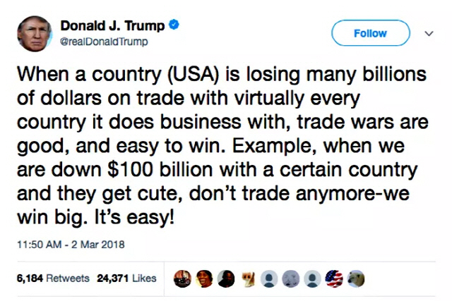 도널드 트럼프 미국 대통령이 지난 2일(현지시간) 자신의 트위터에 “무역전쟁은 좋으며 이기기도 쉽다”고 밝혔다.    /트럼프 대통령 공식 트위터 캡처