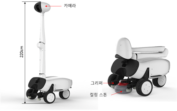 인공지능 로봇 컬리가 스킵모드를 취할 때의 모습(왼쪽)과 상체를 숙인 채 스톤을 투구하는 자세를 한 모습(오른쪽)./사진제공=고려대학교