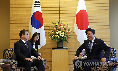 13일 서훈 국정원장이 도쿄 총리 공관에서 아베 신조(安倍晋三) 일본 총리에서 남북·북미 정상회담 추진상황을 설명하고 있다./도쿄=연합뉴스