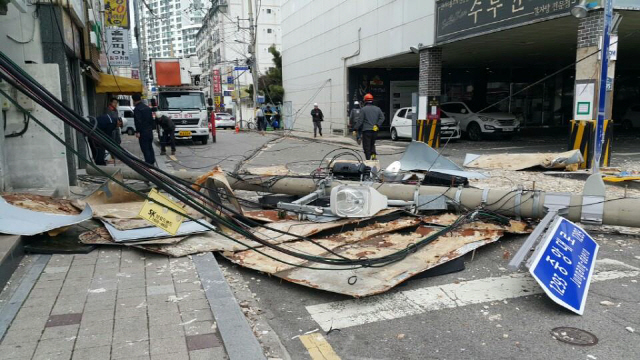 20일 오전 부산 동래구에서 초속 19m 강풍에 전봇대가 쓰러져 시민 통행에 불편을 끼쳤다./사진=연합뉴스