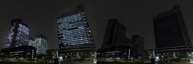삼성 디지털시티 내 건물들의 소등 전(왼쪽) 후 모습./사진제공=삼성전자