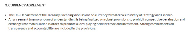 미국 무역대표부(USTR)는 28일(현지시간) 홈페이지 팩트시트(FactSheet)에 한국과 ‘경쟁적인 평가절하(competitive devaluation)’나 ‘환율조작(exchange rate manipulation)’을 금지하는 합의에 근접했다고 공개했다.  /사진=USTR 홈페이지 캡처