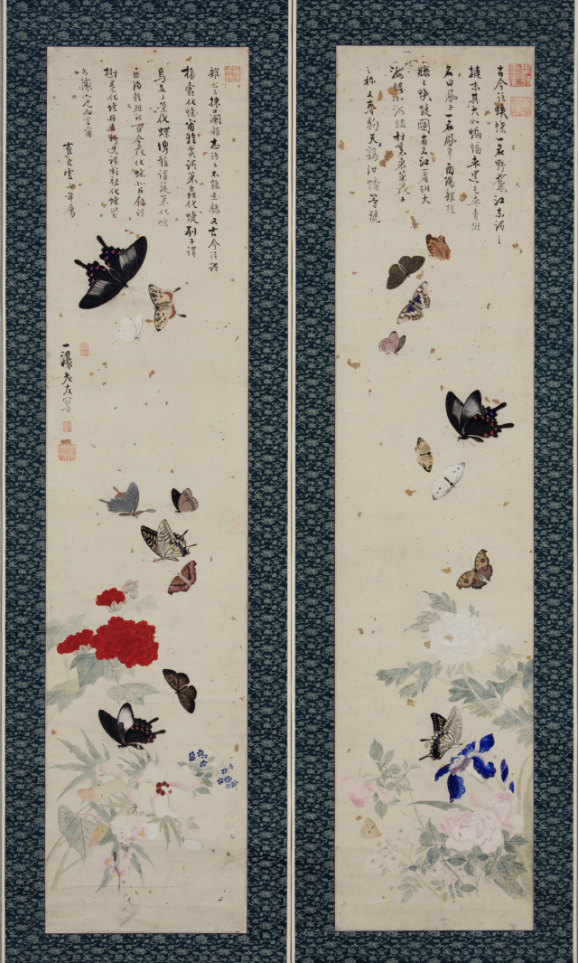 남계우 ‘꽃과 나비(花蝶圖)’ 19세기, 종이에 수묵채색, 2폭 각 127.9x28.8cm /사진제공=국립중앙박물관