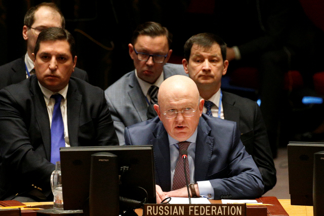 바실리 네벤쟈 유엔주재 러시아 대사가 9일(현지시간) 유엔 안전보장이사회에 참석해 발언하고 있다. /로이터연합뉴스