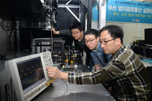 ETRI 김갑중(왼쪽부터)·고해신·최중선 연구원이 무선 양자암호 통신 실험을 하고 있다./ETRI 제공=연합뉴스
