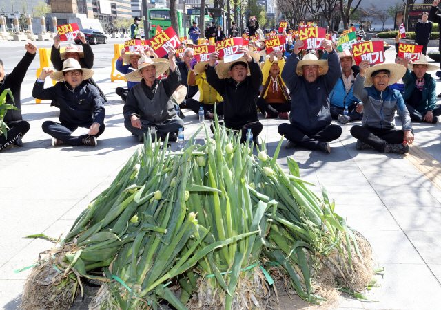 대파가격 정상화 촉구하는 농민      (서울=연합뉴스) 안정원 기자 = 11일 오후 서울 종로구 정부서울청사 인근에서 전남지역 대파생산자 위원회 소속 농민들이 대파가격정상화를 요구하는 구호를 외치고 있다. 2018.4.11      jeong@yna.co.kr  (끝)      <저작권자(c) 연합뉴스, 무단 전재-재배포 금지>