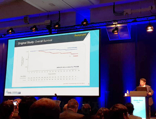 이정훈 서울대학교병원 소화기내과 교수가 프랑스 파리에서 열린 유럽간학회의 국제학술대회에서 ‘이뮨셀-엘씨’ 임상 3상 시험의 5년 추적관찰 결과를 발표하고 있다./사진제공=GC녹십자셀