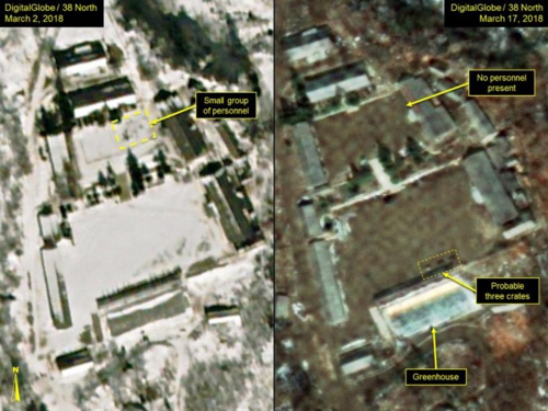 지난 3월 2일(왼쪽)과 17일 상업위성이 촬영한 풍계리 핵실험장 모습. 당시 공사가 상당히 둔화했다는 분석이 나왔다. /38노스 캡처=연합뉴스