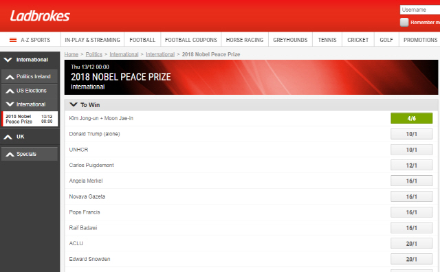 영국의 유력 베팅업체 래드브록스(Ladbrokes)는 올해 노벨평화상 수상 예상 후보 1위로 문재인 대통령과 김정은 북한 국무위원장을 꼽았다. /래드브록스 홈페이지 캡쳐