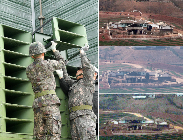 <YONHAP PHOTO-2731> 남북, 오늘 확성기 방송시설 동시철거      (파주=연합뉴스) 남북이 1일 군사분계선(MDL) 일대에서 반세기 넘도록 체제대결 등의 수단으로 이용해온 확성기 방송시설 철거작업에 돌입했다.       사진 왼쪽은 이날 육군 9사단 교하중대 교하 소초 장병들이 경기도 파주시 민간인 통제구역 내 설치된 고정형 대북 확성기를 철거하고 있는 모습과 오른쪽은 파주 오두산 통일전망대에서 바라본 북한 황해북도 개풍군 탈곡장에 인공기와 방송차량 및 스피커가 보이지 않는 모습. 2018.5.1 [사진공동취재단 연합뉴스 자료사진]      photo@yna.co.kr/2018-05-01 16:35:39/<저작권자 ⓒ 1980-2018 ㈜연합뉴스. 무단 전재 재배포 금지.>