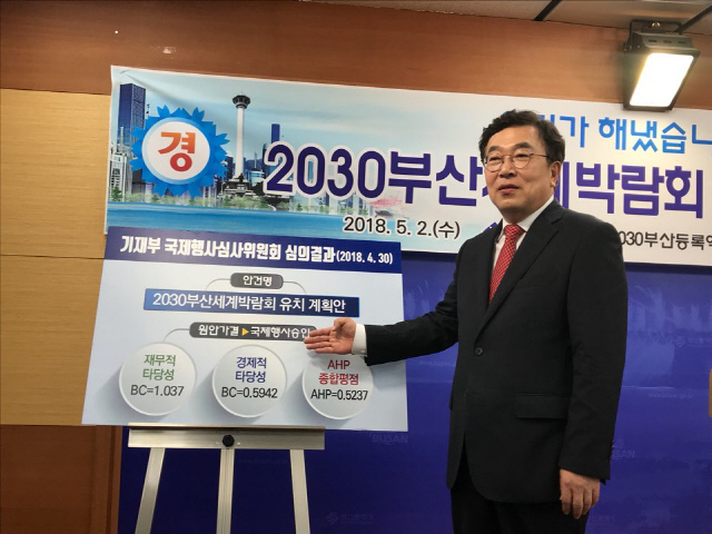 2030 부산세계박람회가 국제 행사로 승인됐다. 서병수 부산시장이 2일 기자회견을 열고 기획재정부 국가행사심사위원회 심의 결과를 설명하고 있다./조원진기자