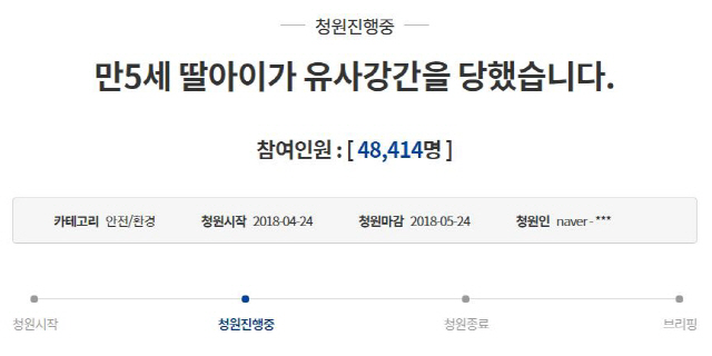 ‘청와대 국민청원’ 만 5세 딸이 유사강간을 당한 사연...누리꾼 들 “꼭 20만명 넘깁시다”