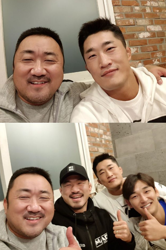 ‘챔피언’ 마동석, 격투기선수 김동현·배명호 선수와 ‘찰칵’...“연예인이 가장 세보여”