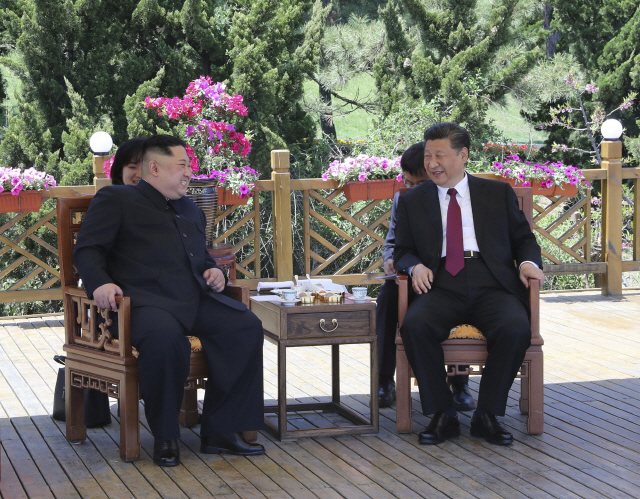 김정은(왼쪽) 북한 국무위원장과 시진핑 중국 국가주석이 8일 중국 다롄시의 한 정원에서 정상회담을 하고 있다./다롄=신화연합뉴스