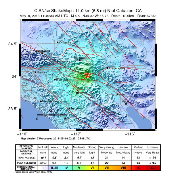 미국 캘리포니아 주 로스앤젤레스(LA) 동부 소도시 카바존에서 8일 새벽(현지시간) 규모 4.5의 지진이 발생했다. /미 지질조사국(USGS) 웹사이트