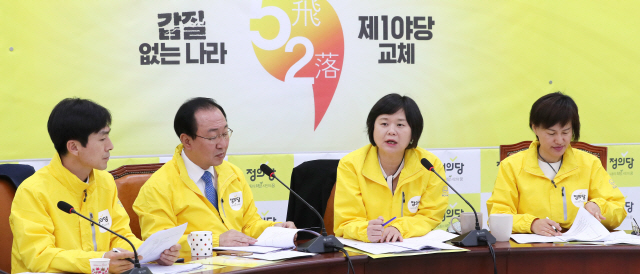 이정미 정의당 대표(왼쪽 세번째)가 14일 오전 국회에서 열린 상무위원회에서 발언하고 있다. /연합뉴스