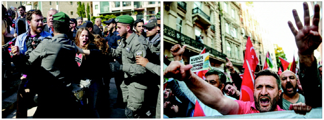 14일(현지시간) 미국대사관의 예루살렘 이전 개관식이 열린 가운데 시위자들이 미대사관 앞에서 이스라엘 경찰 및 국경수비대와 충돌하고 있다(왼쪽 사진). 같은 날 터키 이스탄불에서 시위대가 팔레스타인 국기를 흔들며 구호를 외치고 있다(오른쪽 사진).  /예루살렘·이스탄불=AP·AFP연합뉴스