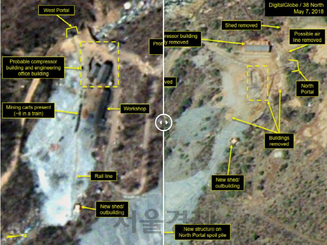 지난달 20일(왼쪽)과 이달 7일 북한 풍계리 핵실험장 남쪽·북쪽 일대를 촬영한 위성사진 모습 /38노스 캡처