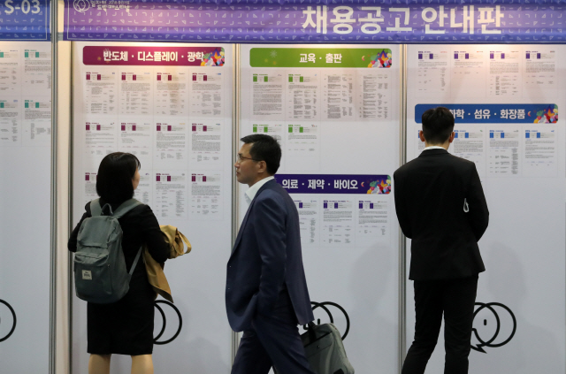 지난 10일 서울 강남구 SETEC에서 열린 취업박람회에서 구직자들이 채용공고 게시판을 보고 있다. /연합뉴스