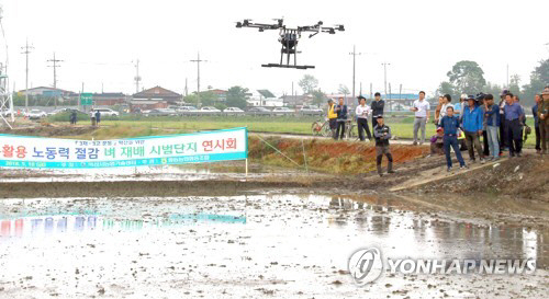 천안시농업기술센터는 21일 무인비행기인 ‘드론’을 이용해 볍씨를 직접 파종하는 농업용 드론 직파 재배 시연회를 열었다./연합뉴스