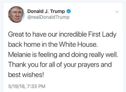도널드 트럼프 미국 대통령이 자신의 트위터 게시글에 멜라니아(Melania)에서 마지막 철자인 ‘a’를 ‘e’로 잘못 적어 화제가 됐다./사진=트럼프 트위터 계정