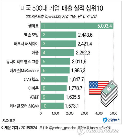 미국 500대 기업 매출 실적 상위 10개사 /연합뉴스