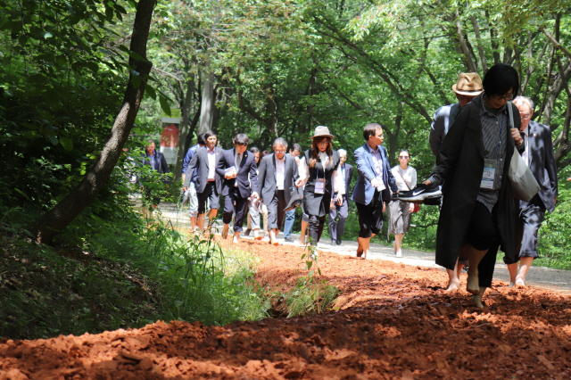 14개국 주한대사, 상무관, 외교관 가족 등이 계족산 황톳길에서 맨발걷기 체험을 하고 있다. 사진제공=맥키스컴퍼니