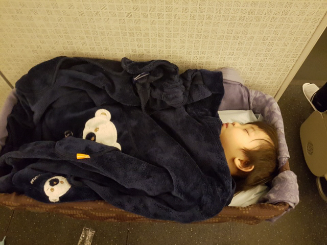 항공기 아기바구니에서 꿀잠을 자는 그녀