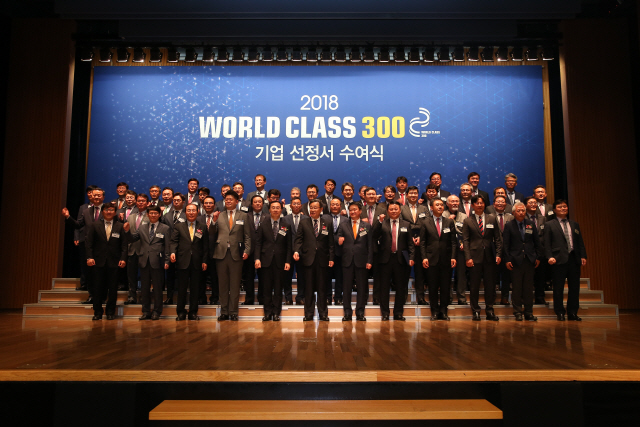 지난달 15일 서울 대한상공회의소에서 개최된 ‘월드클래스300 기업 선정서 수여식’에서 올해 신규 선정된 기업 대표자들이 단체사진을 찍고 있다./제공=대구시.