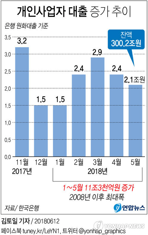 한국은행이 12일 발표한 ‘2018년 5월 중 금융시장 동향’을 보면 지난달 말 은행의 개인사업자 대출은 300조2천억원으로 한 달 사이 2조1천억원 늘었다./출처=연합뉴스