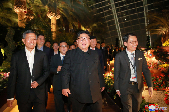 한밤의 ‘깜빡외출’  지난 11일 북미 정상회담을 위해 싱가포르를 방문한 김정은 북한 국무위원장이 비비안 발라크리슈난 싱가포르 외무장관의 안내를 받으며 관광명소인 가든바이더베이를 둘러보고 있다.  /연합뉴스
