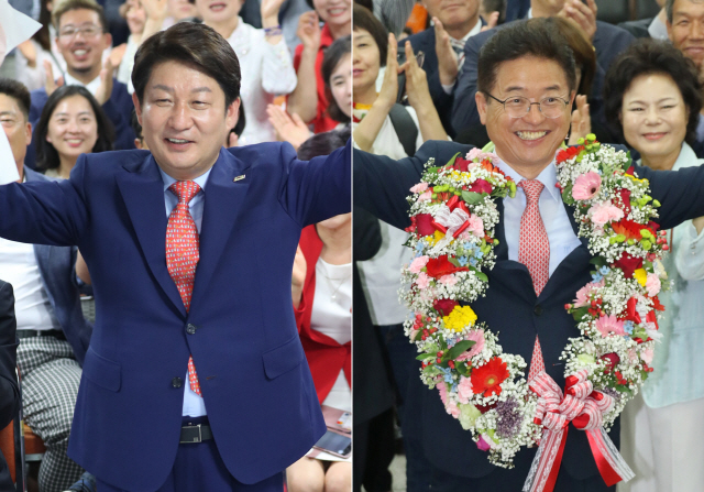 TK에서 승리한 자유한국당  13일 오후 지방선거에서 당선이 확실시되는 자유한국당 권영진(왼쪽) 대구시장 후보와 이철우(오른쪽) 경북도지사 후보가 각각 수성구 권 후보 선거사무실과 자유한국당 경북도당에서 환호하고 있다./연합뉴스