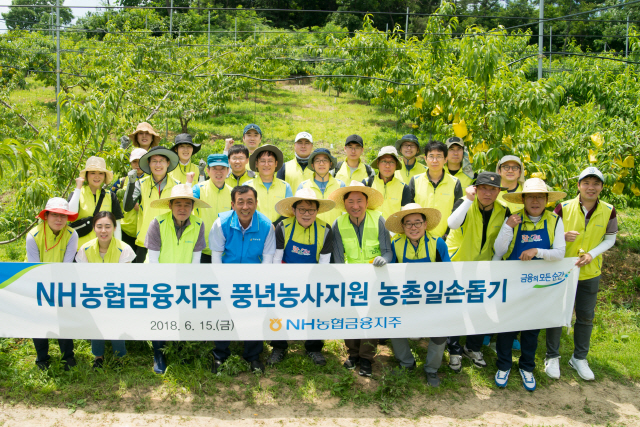 지난 15일 경기도 여주시의 한 농가에서 김광수(앞줄 왼쪽 다섯번째) 농협금융지주 회장과 임직원들이 영농철 일손돕기 후 기념촬영을 하고 있다. /사진제공=NH농협금융지주