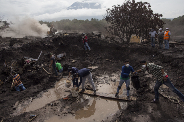 자원봉사자들이 17일(현지시간) 과테말라 푸에고 화산 폭발 현장에서 수색 작업을 하고 있다. /산미겔로스로테스=AP연합뉴스