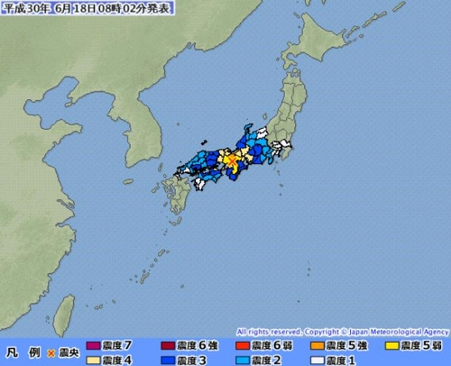 오전8시경 일본 오사카 규모 5.9 지진, 쓰나미 우려는 없어