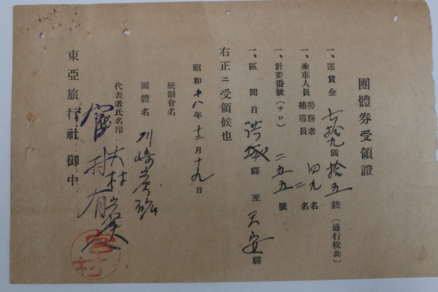 가와사키 탄광 조선인 노동자 동원·이동 영수증(1943년12월19자)-충남 홍성에서 천안으로 이동했다고 쓰여 있다.