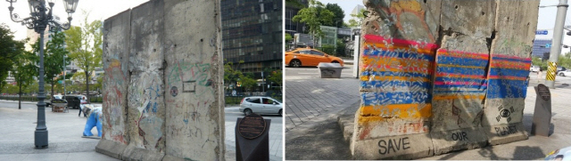 독일에서 기증받을 당시 베를린장벽의 모습(왼쪽 사진)과 지난 8일 정태용씨가 훼손한 베를린장벽의 모습.    /연합뉴스