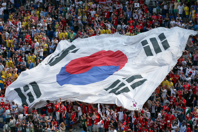 한국 팬들이 스웨덴과의 조별리그 1차전 경기에서 응원전을 펼치고 있다. /TASS연합뉴스