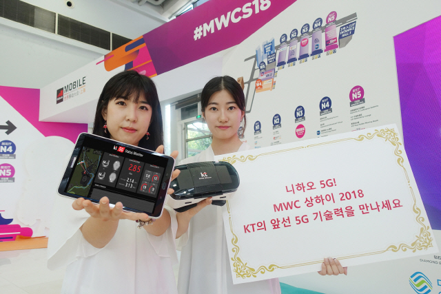 KT 모델들이 ‘니하오 5G!’를 주제로 ‘상하이 MWC’에 꾸려진 KT 부스에서 5G 기술력을 홍보하고 있다. /사진제공=KT