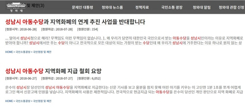 은수미 성남시장 당선인이 아동수당을 성남지역에서는 지역화폐로 지급하겠다는 방침을 밝히자 시민들이 반발하고 있다. 사진은 청와대 국민청원에 올라온 성남시 아동수당 지역화폐 지급 방안에 대한 비판 청원글./출처=연합뉴스