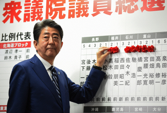 일본 중의원(하원) 선거가 치러진 2017년 10월 아베 신조 일본 총리가 도쿄 자민당 당사에 도착해 의원 당선을 의미하는 붉은 장미를 붙이고 있다.          /도쿄=AFP연합뉴스