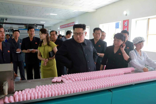 북한 김정은 국무위원장과 리설주 여사가 북한 최대 규모로 알려진 신의주 화장품공장을 시찰했다고 노동신문이 1일 보도했다. /연합뉴스
